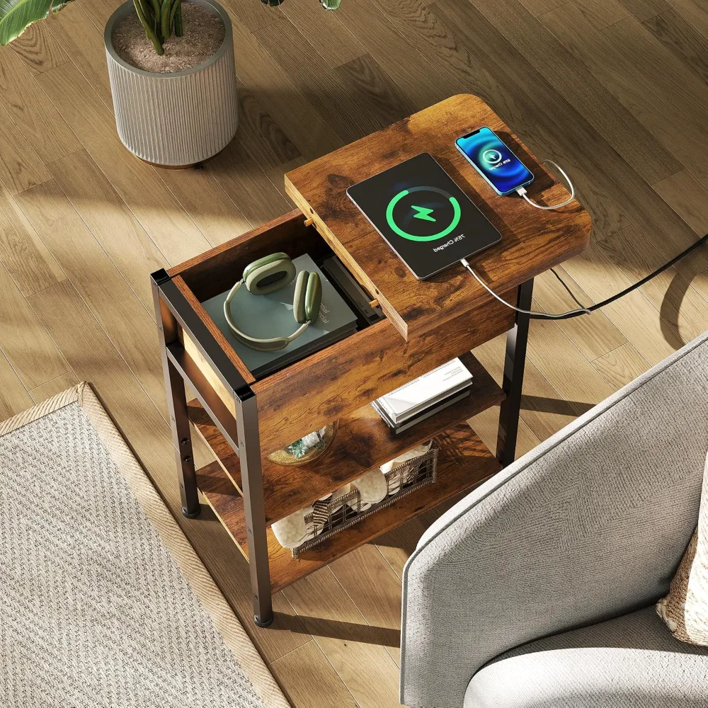 WLIVE 3-Tier End Table with Charging Station Flip Top Narrow, view 6