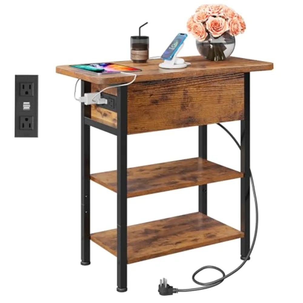 WLIVE 3-Tier End Table with Charging Station Flip Top Narrow