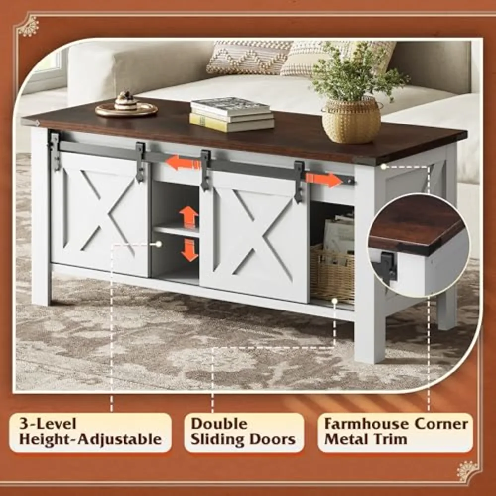 WLIVE 47.2" Farmhouse Lift Top Coffee Table with Sliding Barn Doors, view 5