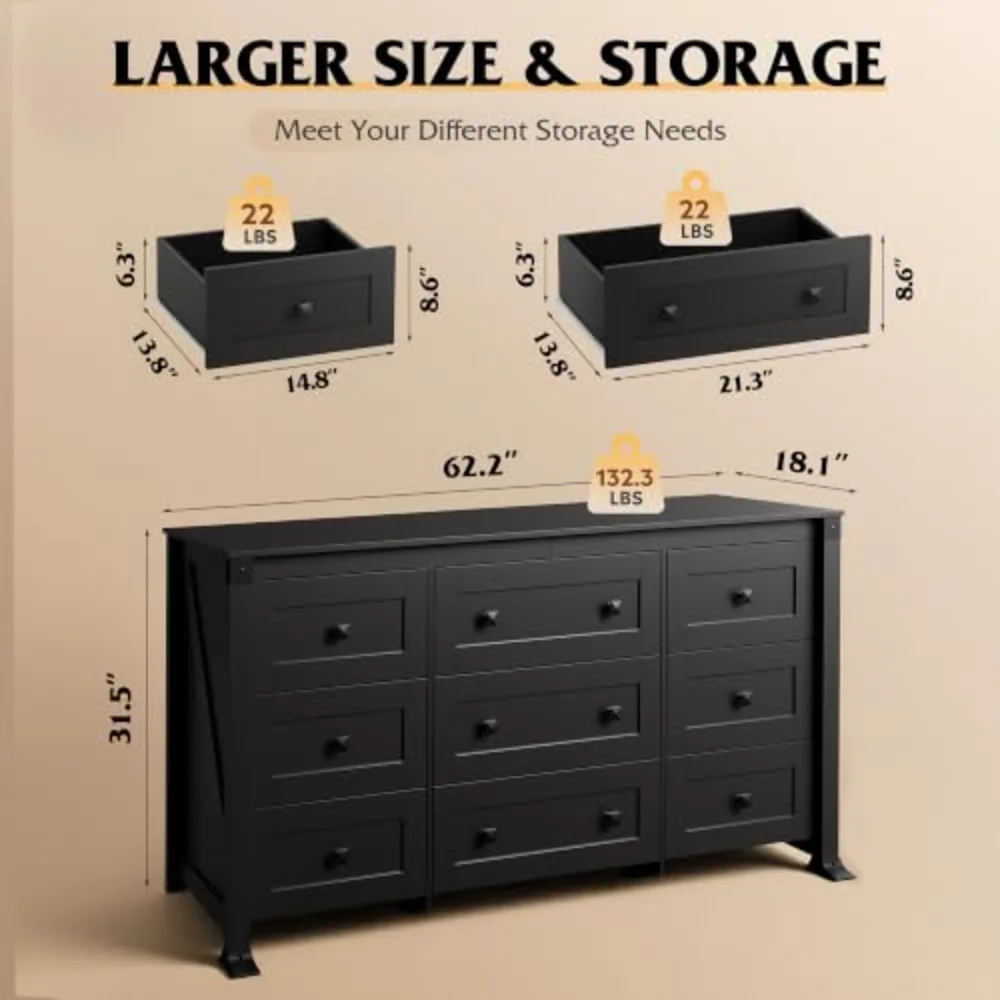 WLIVE 9 Drawer Dresser Black, view 2