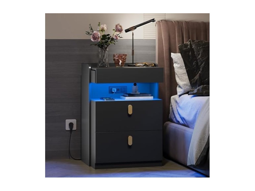 Black LED Nighstand with Charging Station
