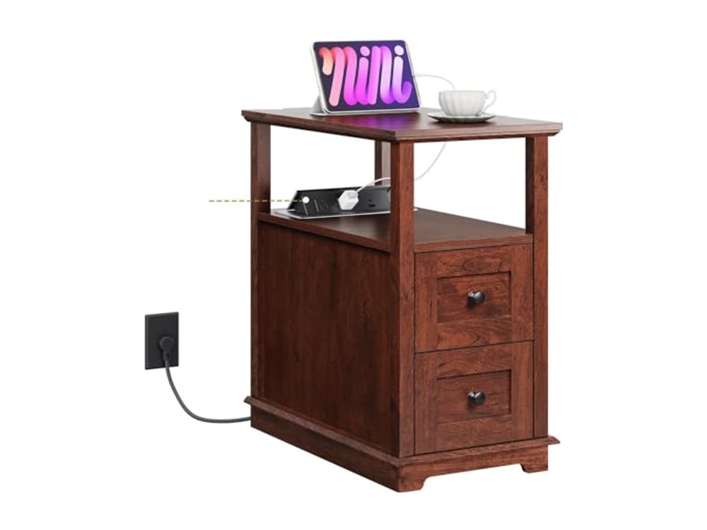 End Table with Charging Station & 2 Drawers Narrow Nightstand