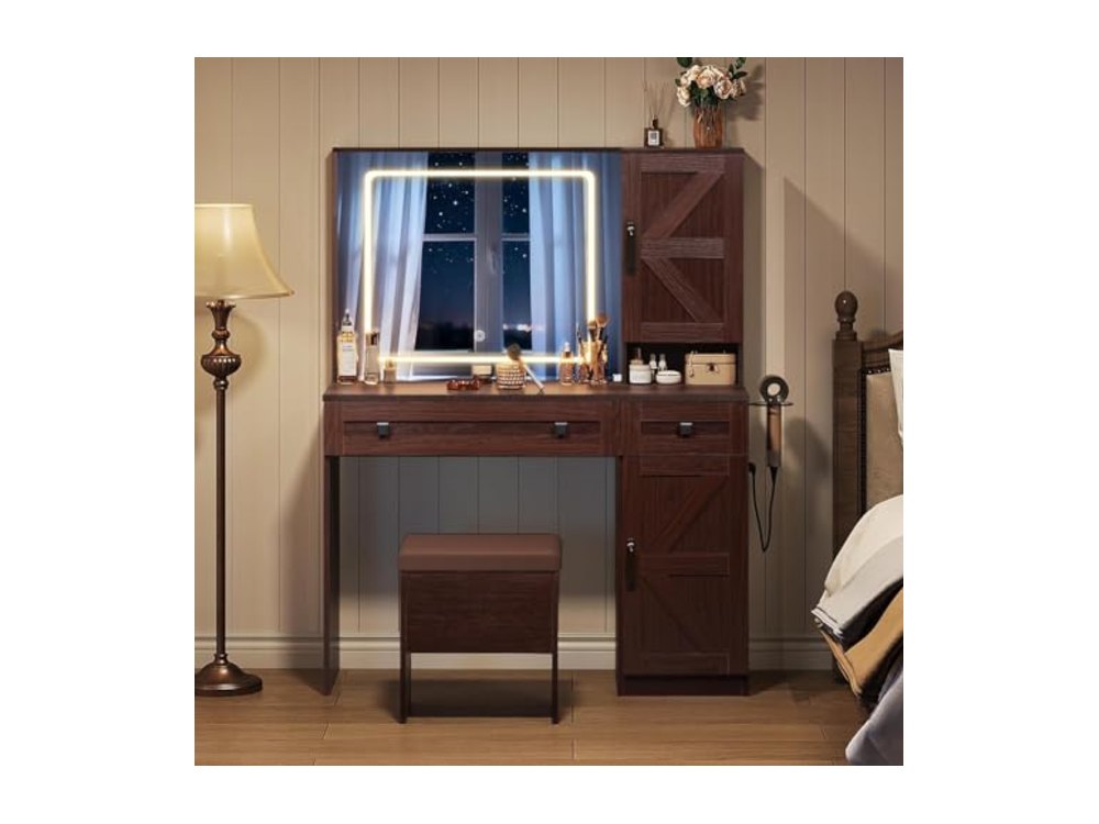 Farmhouse Makeup Vanity Table Set with 3 CCT LED Mirror