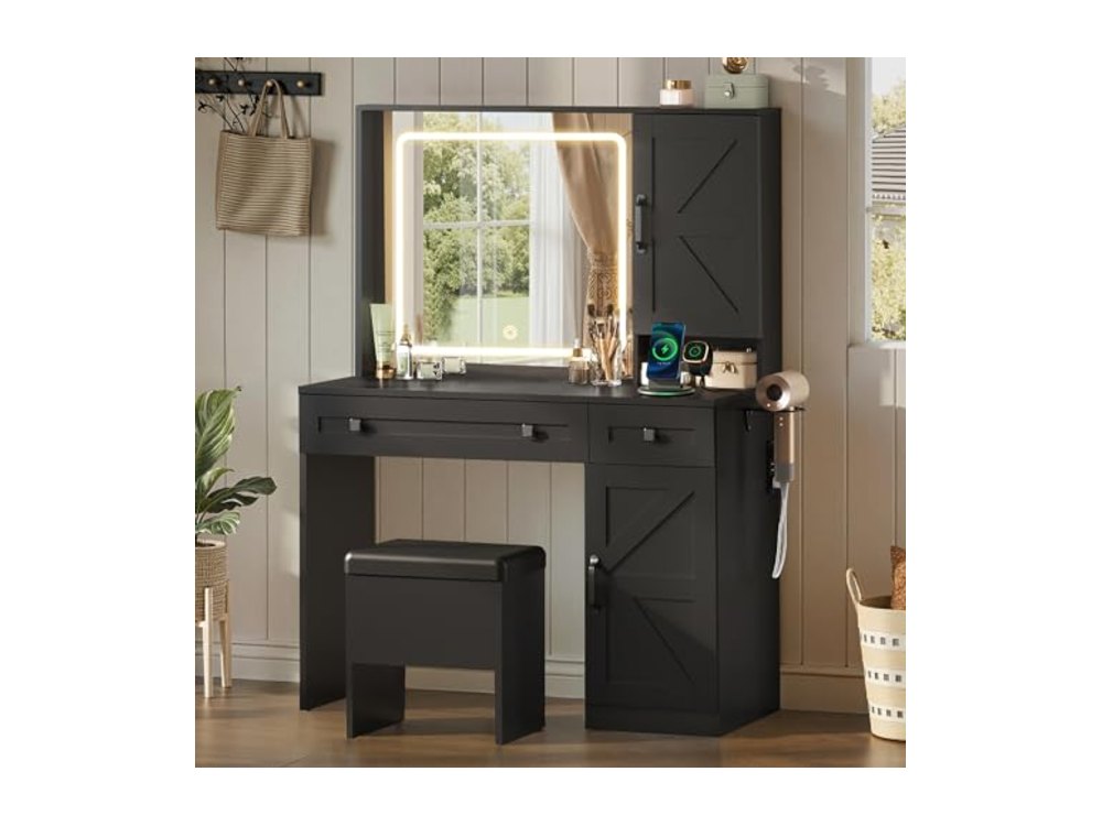 Farmhouse Vanity Desk with LED Mirror & Stool