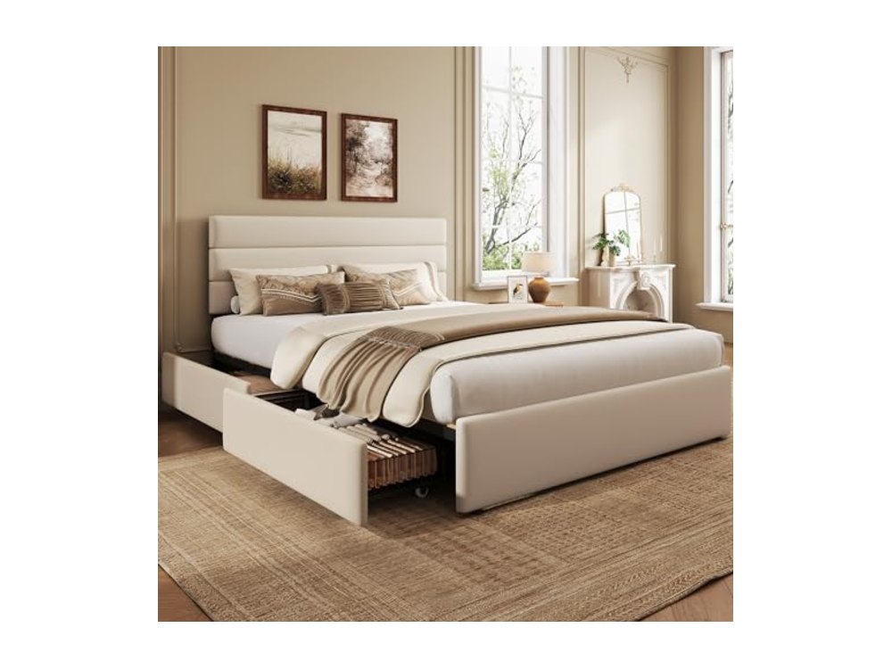 Queen Size Upholstered Bed Frame with 4 Storage Drawers