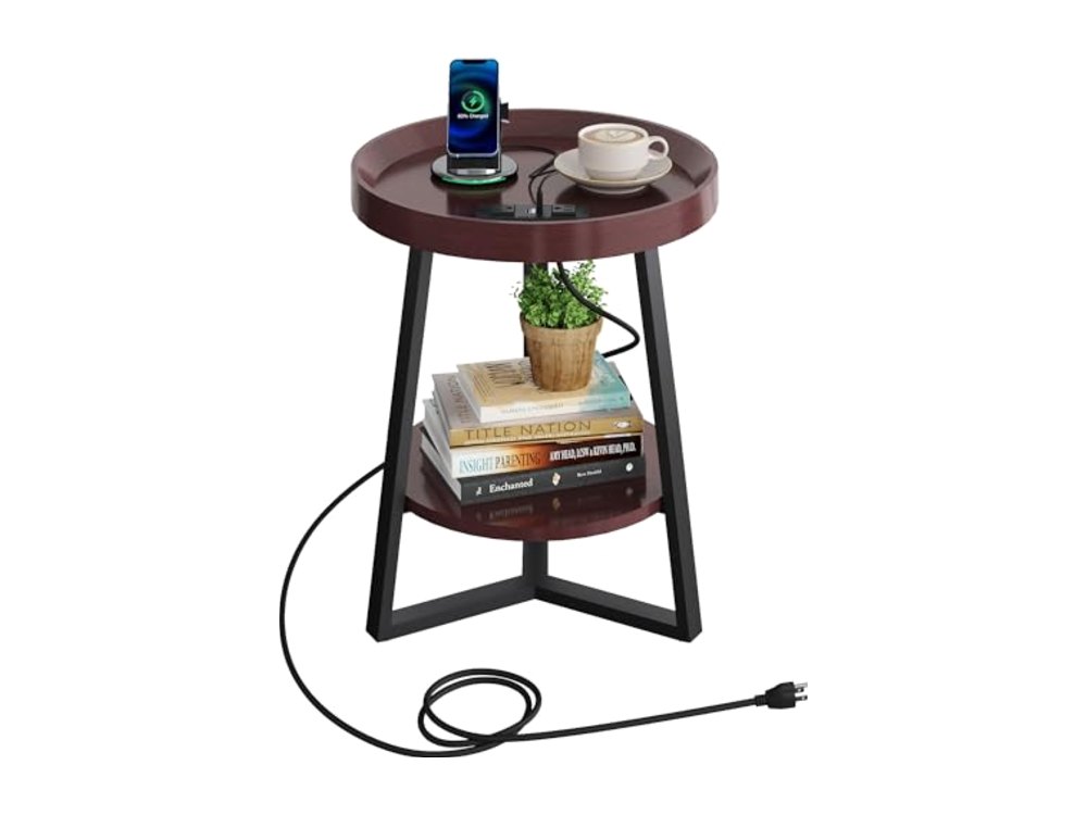 Small Round Side Table with Charging Station