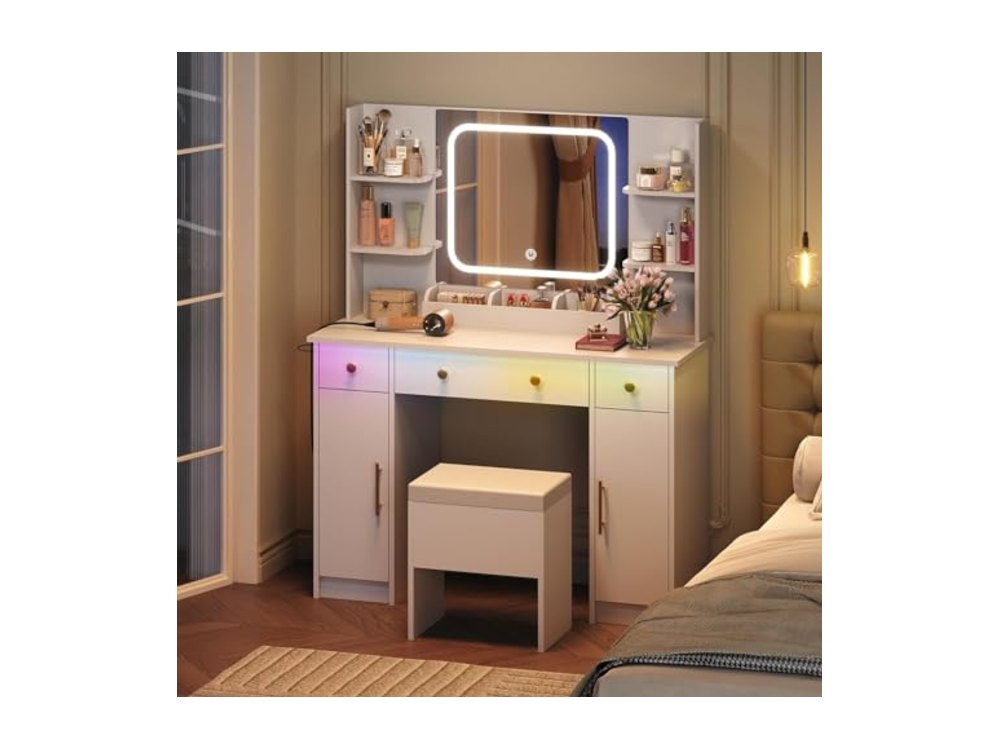 White Vanity Desk with LED Mirror & Stool