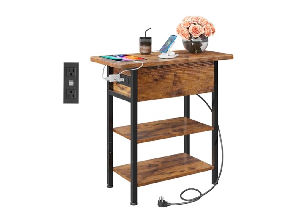 WLIVE 3-Tier End Table with Charging Station Flip Top Narrow